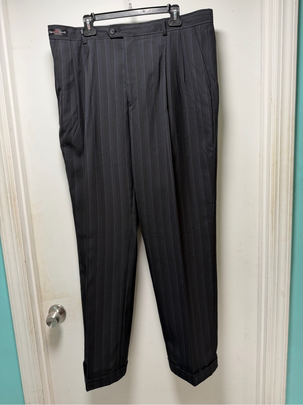 Elite by Eddie Domani Men's Pinstripe Dress Pants in Black with gray stripes